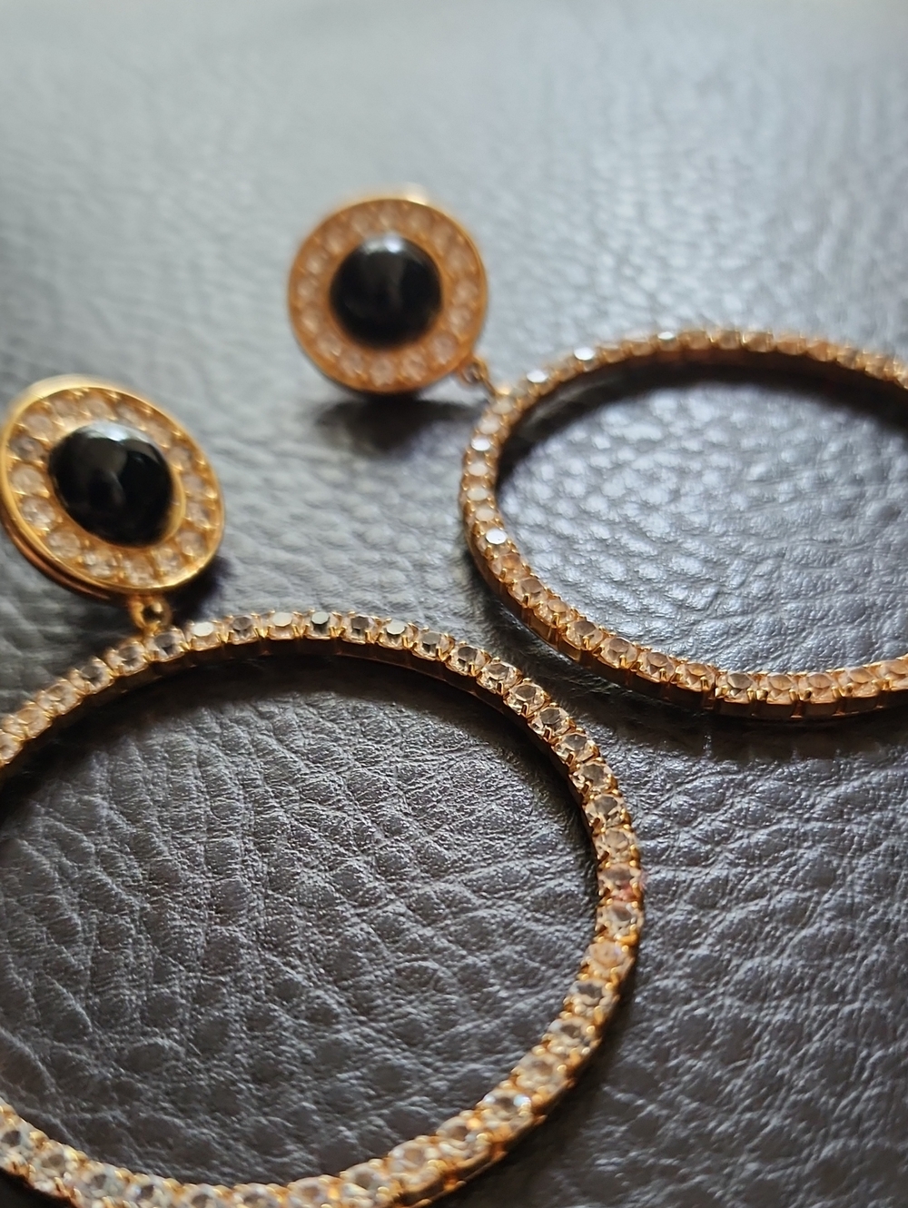 VTG Monet Gold Crystal Hoop Drop Earrings with Black Bead